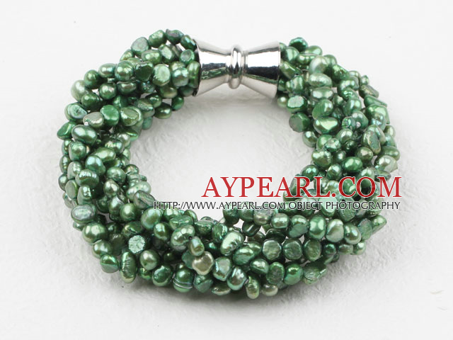 Multi Strands Green Freshwater Pearl Twisted Bracelet with Magnetic Clasp