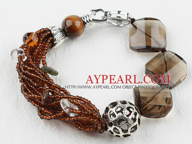 Assorted Tiger Eye and Smoky Quartz and Clear Crystal Bracelet with Lobster Clasp