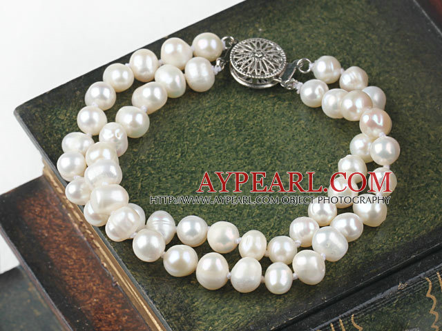 Two Strands 6-7mm White Freshwater Pearl Bridal Wedding Bracelet