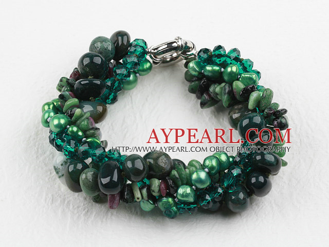 Multi Strand Deark Green Pearl Crystal and Ocean Agate Bracelet