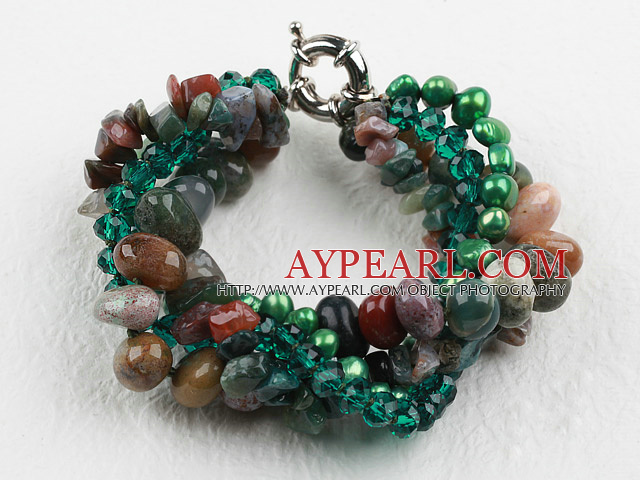 Multi Strand Green Pearl Crystal and Indian Agate Bracelet