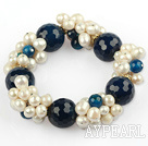 White Freshwater Pearl and Faceted Blue Agate Stretch Bangle Bracelet