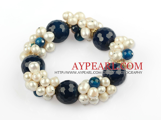 White Freshwater Pearl and Faceted Blue Agate Stretch Bangle Bracelet