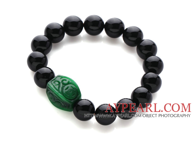 Conception à la mode 12mm noir frais Agate bracelet extensible avec perle verte