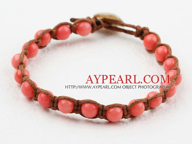 Mote Stil 6mm runde Pink Coral weaved Armbånd med Shell Clasp