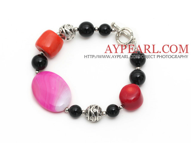 red coral and black agate bracelet with toggle clasp