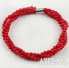 4mm round red coral ball beaded bracelet with magnetic clasp
