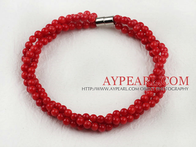 4mm ronde rouge corail bracelet boule perles avec fermoir magnétique