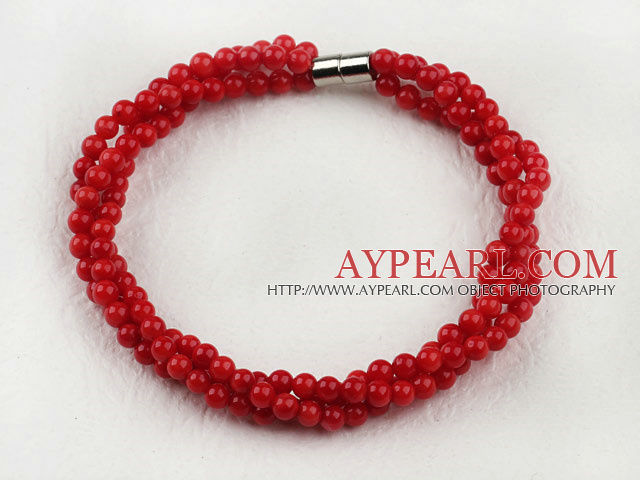 4mm round red coral ball beaded bracelet with magnetic clasp