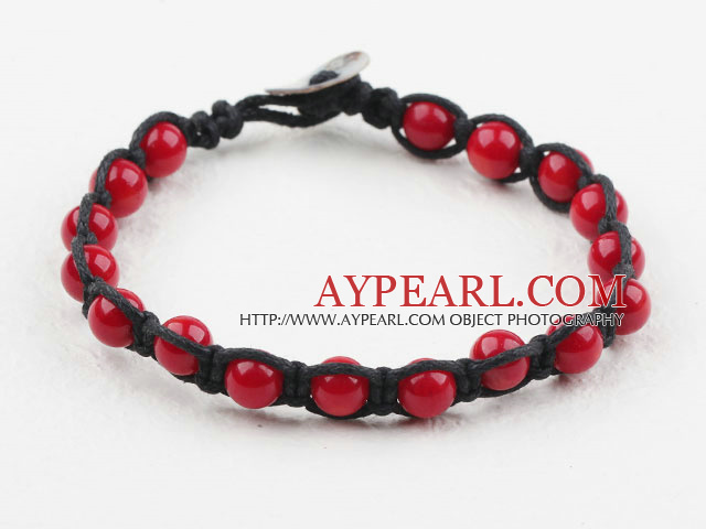 Fashion Style 6mm Round Red Coral Woven Bracelet with Shell Clasp