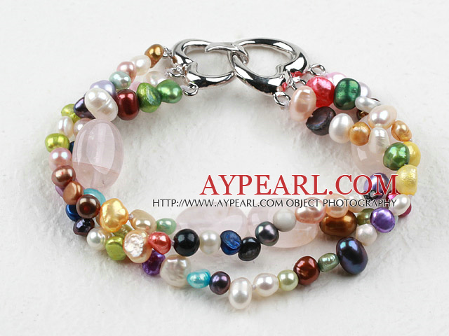Ny design Multi Color sötvattenspärla och Rose Quartz Armband med hjärta form Lås