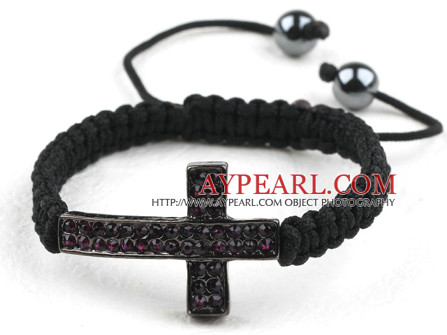 Sideway/Side Way Two Row Cross with Purple Red Rhinestone Woven Adjustable Drawstring Bracelet with Hematite Beads