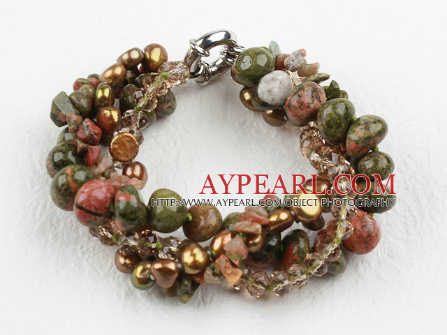 Multi Strand Green Piebald Stone and Pearl Crystal Bracelet