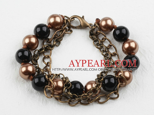 Vintage Style Noir et Marron Bracelet Perles de coquillage rond