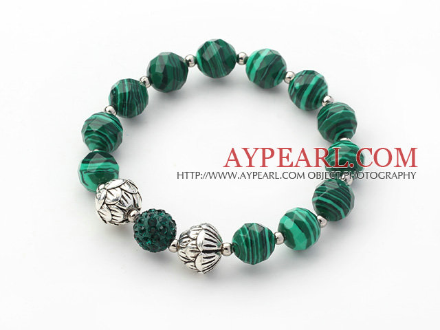 Green Series 10mm Faceted Malachite Stone and Lotus Beads and Rhinestone Beaded Stretch Bracelet