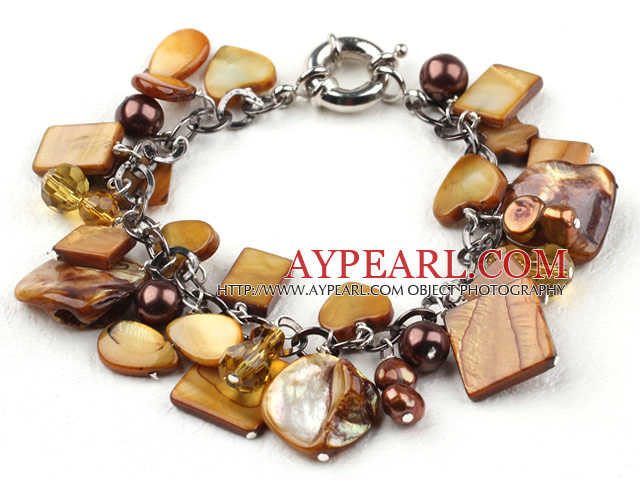 Brown Series Brown Pearl Crystal and Brown Shell Bracelet with Metal Chain