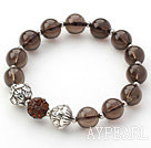 Brown Series 10mm Natural Smoky Quartz and Lotus Beads and Rhinestone Beaded Stretch Bracelet