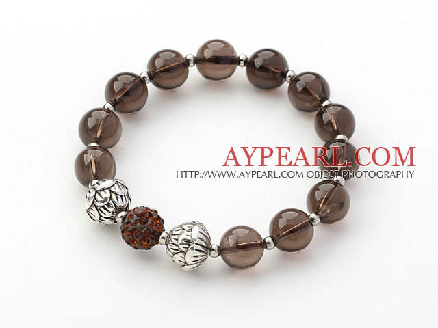 Brown Series 10mm Natural Smoky Quartz and Lotus Beads and Rhinestone Beaded Stretch Bracelet