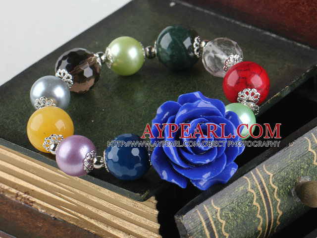 elastic 10-14mm multi color stone bracelet with flower charm
