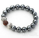 Black Gray Series 10mm Tungsten Steel Stone and Lotus Beads and Rhinestone Beaded Stretch Bracelet