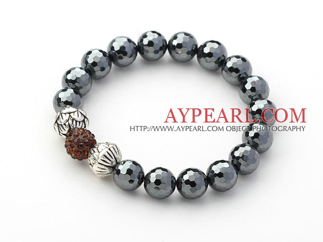 Black Gray Series 10mm Tungsten Steel Stone and Lotus Beads and Rhinestone Beaded Stretch Bracelet