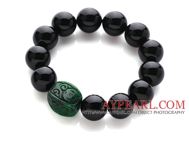 Conception à la mode 16mm noir frais Agate bracelet extensible avec perle verte