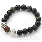 Black Series 10mm Golden Obsidian Stone and Lotus Beads and Rhinestone Beaded Stretch Bracelet