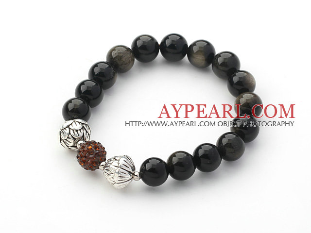Black Series 10mm Golden Obsidian Stone and Lotus Beads and Rhinestone Beaded Stretch Bracelet
