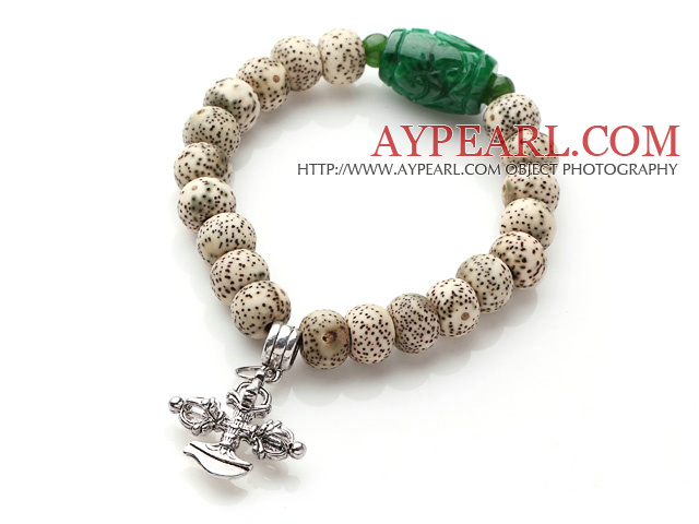 Vintage Style Single Strand Leaves the Bodhi Beads Green Jade Elastic Bracelet with Cross Amulet Charm