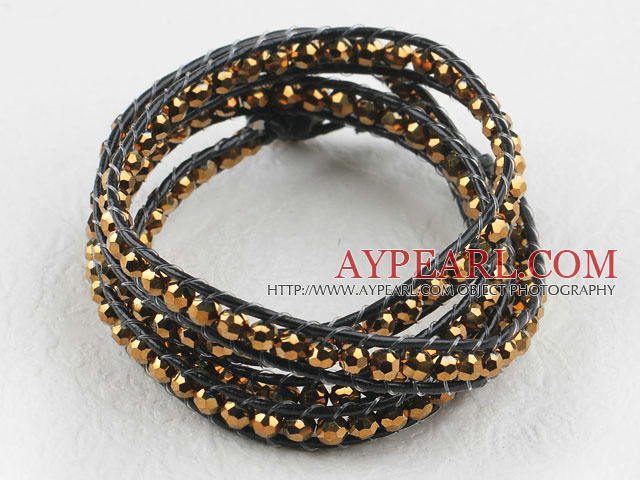 23.6  inches manmade golden color crystal wrapped leather bracelet