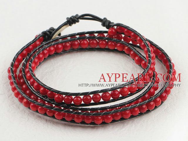 23.6  inches red coral wrapped leather bracelet