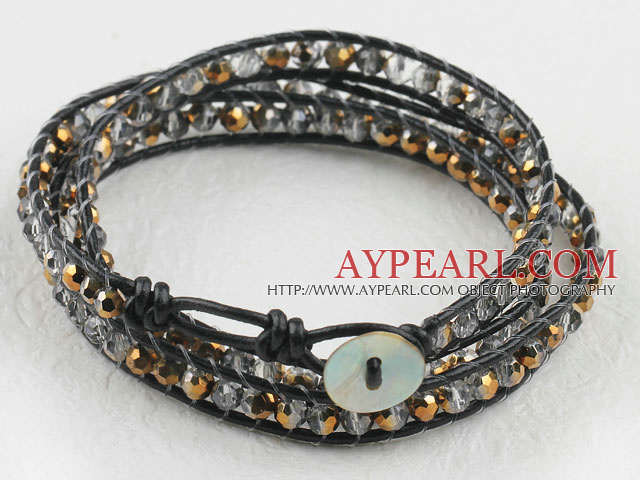 23.6  inches manmade golden color crystal wrapped leather bracelet