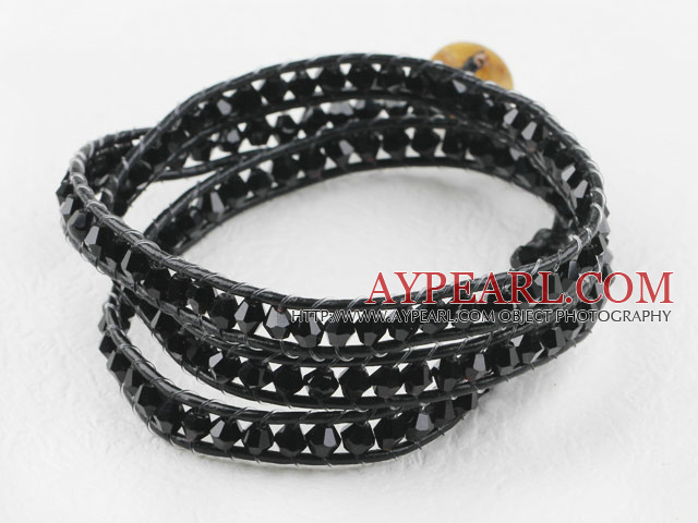 23,6 pouces d'origine humaine cristal noir enveloppé bracelet en cuir