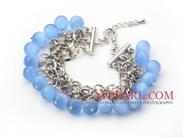 Sky Blue Color 10mm Round Cats Eye Bracelet with Metal Chain