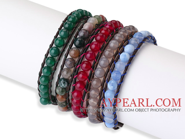 Newly Fashion Design 5 pcs Single Strand Round Agate Beaded Leather Bracelets