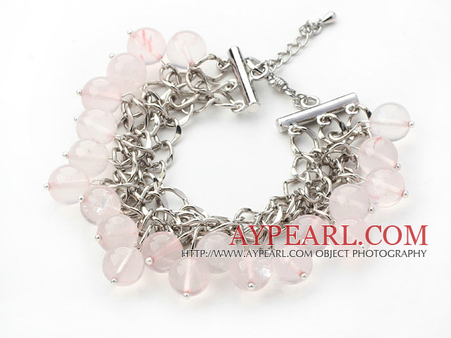 Couleur rose 10mm Ronde Rose Quartz Bracelet avec chaîne en métal