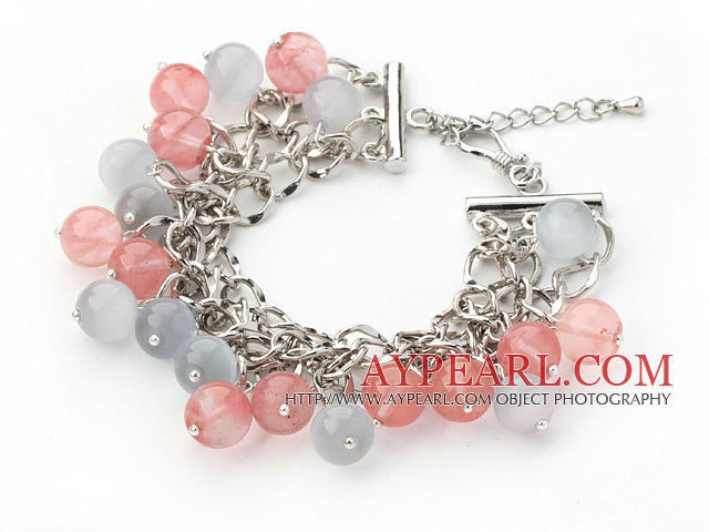 Pink and Gray Color 10mm Round Cherry Quartz and Cats Eye Bracelet with Metal Chain