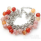 Pink and Orange Color 10mm Round Strawberry Quartz and Agate Bracelet with Metal Chain