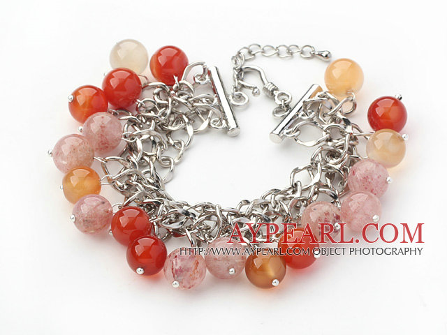 Rose et orange Couleur 10mm ronde Strawberry Quartz et bracelet agate avec chaîne en métal