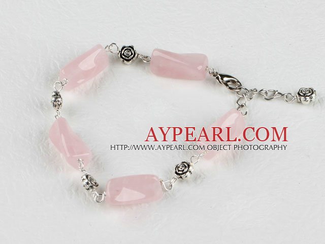 pink rotated shape rose quartz bracelet with adjustable chain