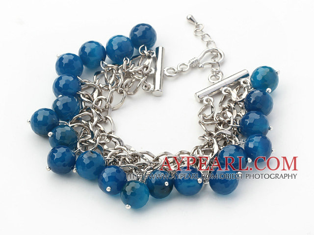 Blue Series 10mm runda facetterade Blå Agate Armband med metall kedja