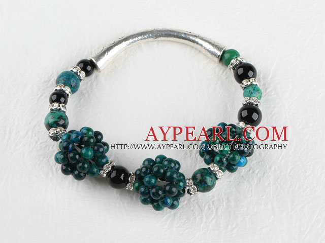 Fashion Round Black Agate And Phoenix Stone Rhinestone Tube Charm Bangle Bracelet
