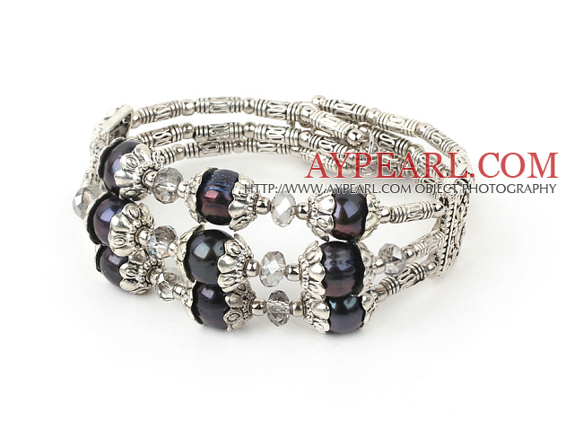 Fashion 8-9Mm Multi Strand Black Freshwater Pearl And Clear Crystal Elastic Metal Bangle Bracelet