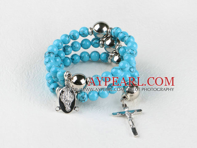 20.5 inches 8mm turquoise wrap bangle bracelet with cross charm