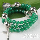 20.5 inches 8mm faceted green agate wrap bangle bracelet with cross charm