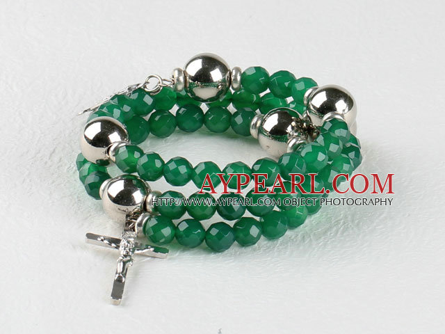 20.5 inches 8mm faceted green agate wrap bangle bracelet with cross charm