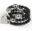 20.5 inches 8mm faceted black agate wrap bangle bracelet with cross charm