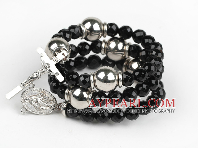 20.5 inches 8mm faceted black agate wrap bangle bracelet with cross charm