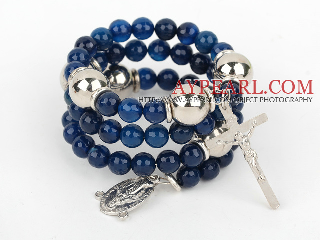 20,5 pouces facettes 8mm bleu Bracelet en agate avec du charme de la Croix-