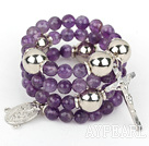 20.5 inches 8mm faceted amethyst wrap bangle bracelet with cross charm